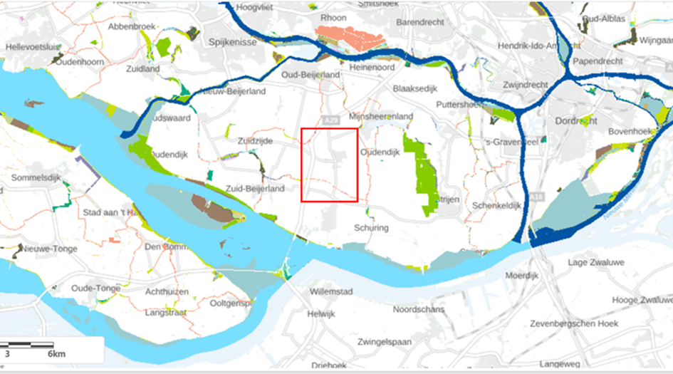 Globale ligging studiegebied (rood kader) in relatie tot Natuurnetwerk Nederland NNN (bron: Natuurbeheerplan Provincie Zuid-Holland)